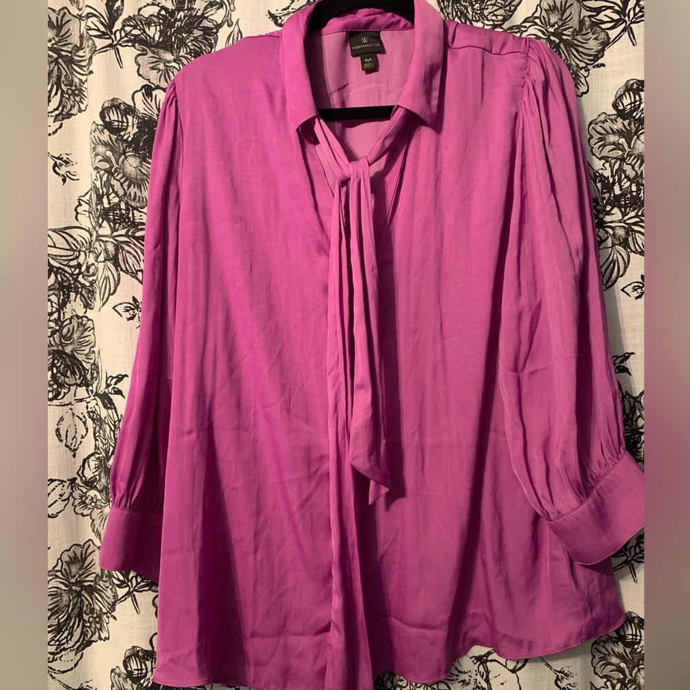 Women’s purple tie neck blouse satin button up business work blouse - Picture 5 of 6